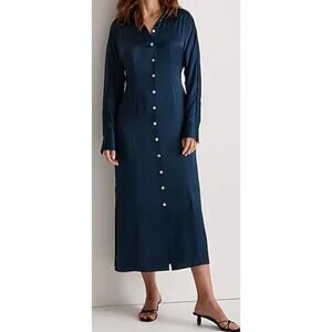Madewell Satin Button Front Midi Koures Chic Sleek Shirtdress US Women's 14 New